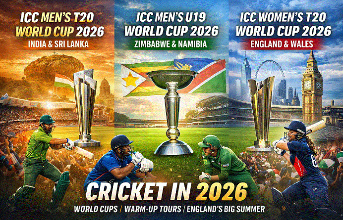 AI-generated illustration representing the 2026 cricket season with three panels for the ICC Men’s T20 World Cup in India and Sri Lanka, ICC Men’s Under-19 World Cup in Zimbabwe and Namibia, and ICC Women’s T20 World Cup in England and Wales, with trophy graphics and stadium scenes.