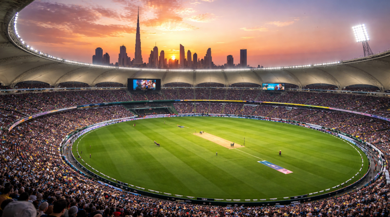 Illustrated view of a cricket stadium in Dubai during a night match