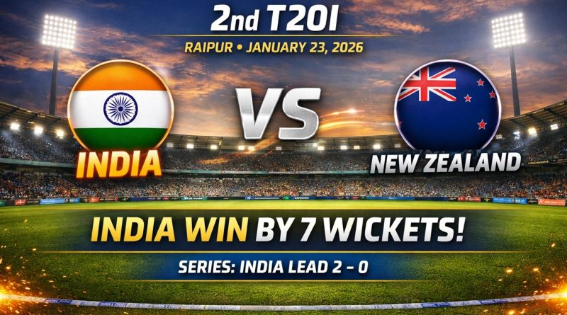 Landscape view of a packed cricket stadium in Raipur under lights showing India vs New Zealand 2nd T20I, January 23, 2026, with match result India won by 7 wickets
