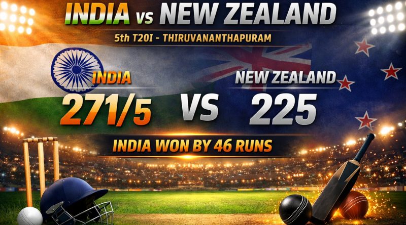India vs New Zealand 5th T20I featured image showing match result as India score 271/5 and defeat New Zealand by 46 runs at Thiruvananthapuram on January 31, 2026