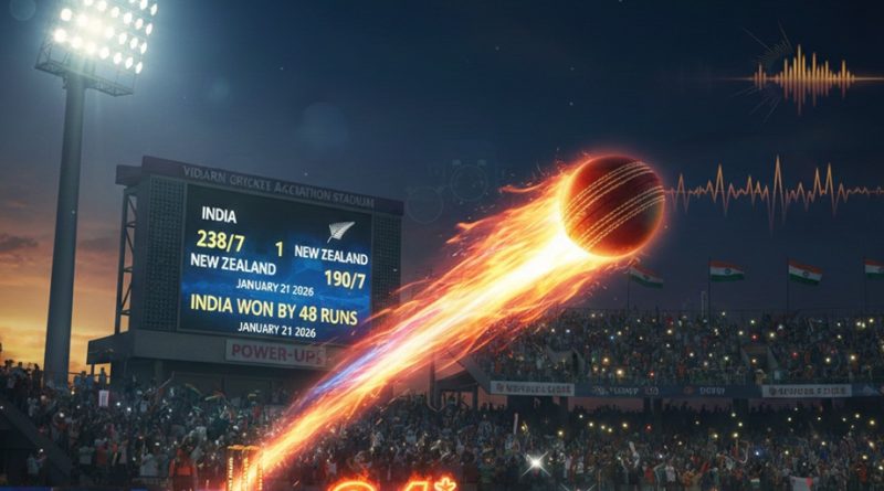 A cinematic, high-energy cricket stadium graphic featuring a flaming cricket ball soaring through the air. A digital scoreboard in the background displays India's winning score of 238/7 against New Zealand's 190/7. A glowing "84" represents Abhishek Sharma's top score. The image includes the headline "Abhishek Sharma’s Blitz Powers India to Dominant 48-Run Win Over New Zealand in Nagpur T20I" and the website watermark crickettvonline.com.