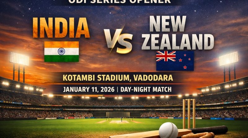 Digital banner showing India and New Zealand ODI series 2026 at Kotambi Stadium, Vadodara, day–night match atmosphere with stadium lights and cricket field, no players visible