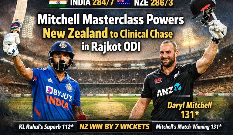 Daryl Mitchell celebrates his unbeaten 131 as New Zealand chase down India’s 284 to win the 2nd ODI against India at Rajkot in January 2026