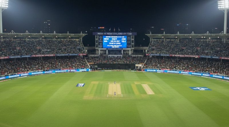 A wide landscape shot of a packed cricket stadium at night under bright floodlights during the India vs New Zealand 4th T20I. The green pitch is centered, with a large digital scoreboard in the background displaying match details and a cheering crowd in the foreground.