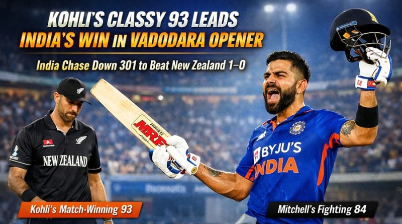 Virat Kohli celebrates his match-winning 93 as India chase down 301 to beat New Zealand in the first ODI at Vadodara