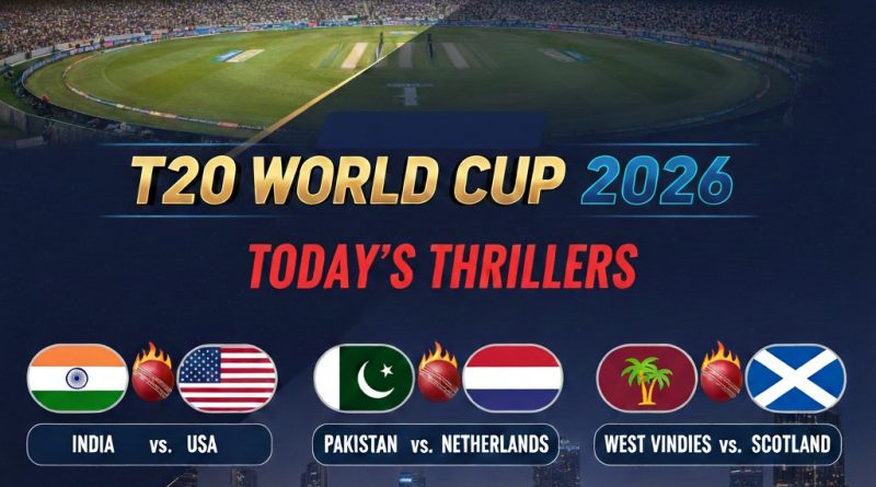 Match summary graphic for ICC Men’s T20 World Cup 2026 showing results for India vs USA, Pakistan vs Netherlands, and West Indies vs Scotland with official team flags.