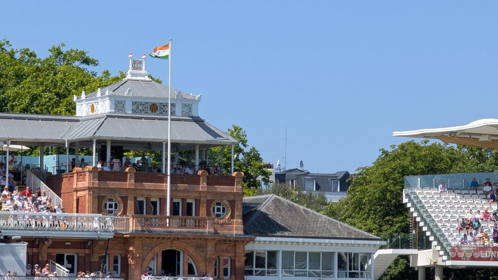 The Indian Tiranga flying proudly above the historic Lord's Pavilion roof